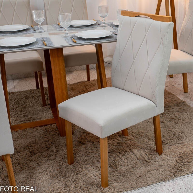 Mesa de Jantar Pedro 160×80 Vidro Off/Base Madeira + 6 Cad. Lisboa Veludo Bege 512 Madeira Art Assento - Entregue Montada - Imagem 7