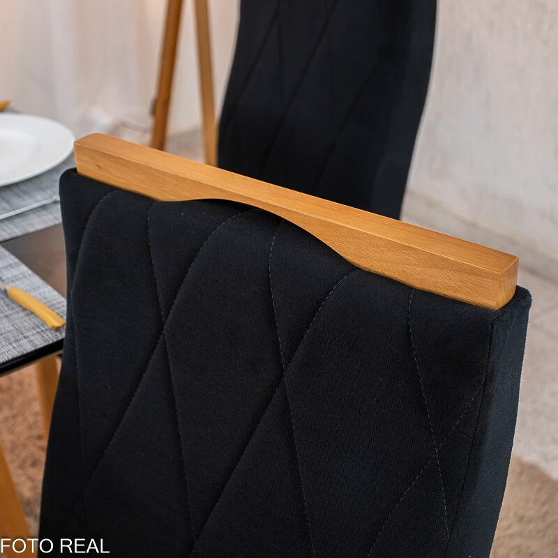 Mesa de Jantar Pedro 90x90 Vidro Preto/Base Madeira + 4 Cad. Lisboa Veludo Preto 504 Madeira Art Assento - Entregue Montada - Imagem 4