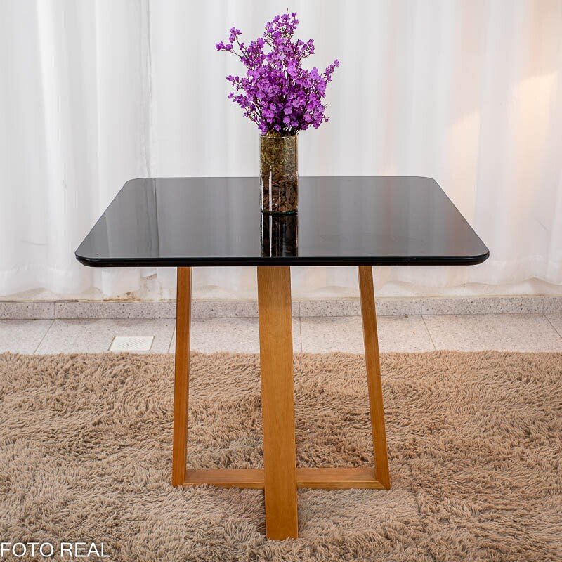 Mesa de Jantar Pedro 90x90 Vidro Preto/Base Madeira + 4 Cad. Lisboa Veludo Preto 504 Madeira Art Assento - Entregue Montada - Imagem 2