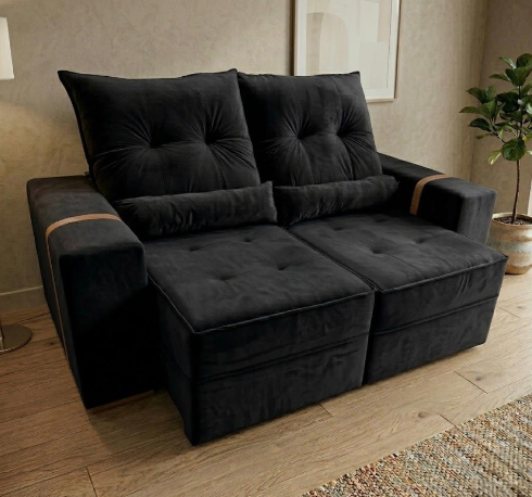 Sofá Retrátil e Reclinável Júnior 1,80 m Veludo Preto – IMPERIAL DECOR