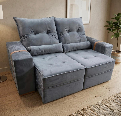Sofá Retrátil e Reclinável Júnior 1,80 m Veludo Cinza – IMPERIAL DECOR