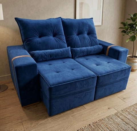 Sofá Retrátil e Reclinável Júnior 1,80 m Veludo Azul – IMPERIAL DECOR