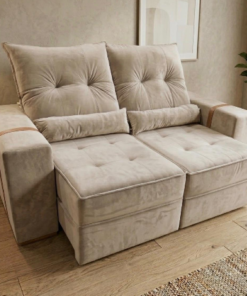 Sofá Retrátil e Reclinável Júnior 1,80 m Veludo Bege – IMPERIAL DECOR