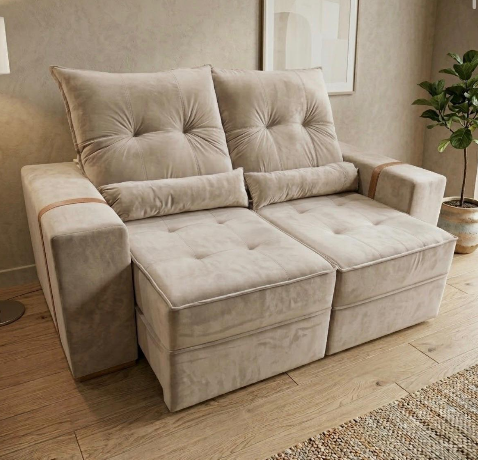 Sofá Retrátil e Reclinável Júnior 1,80 m Veludo Bege – IMPERIAL DECOR
