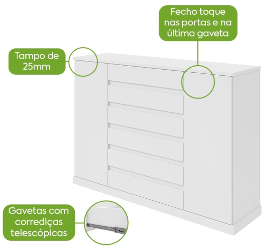 Cômoda 7 Gavetas Vedra Branco – LOPAS - Imagem 3