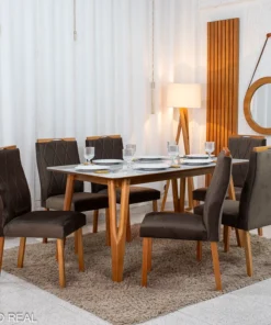 Mesa de Jantar Siena 160x90 Vidro Off/Base Madeira + 6 Cad. Lisboa Veludo Marrom 509 Madeira Art Assento - Entregue Montada