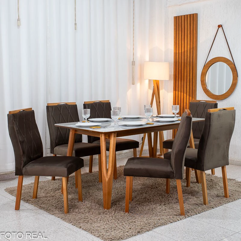 Mesa de Jantar Siena 160x90 Vidro Off/Base Madeira + 6 Cad. Lisboa Veludo Marrom 509 Madeira Art Assento - Entregue Montada