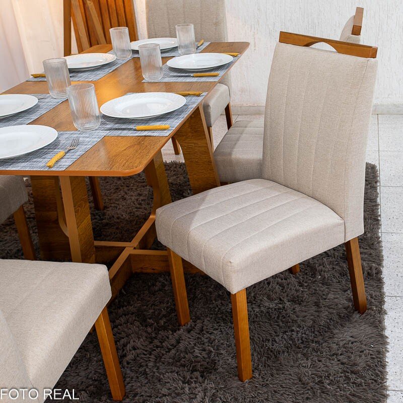 Mesa de Jantar Dubai Tampo Londres Cinamomo 160x80 Cel Móveis + 6 Cad. Isabela Linho Bege 01 Madeira KM Decor - Entregue Montada - Imagem 4