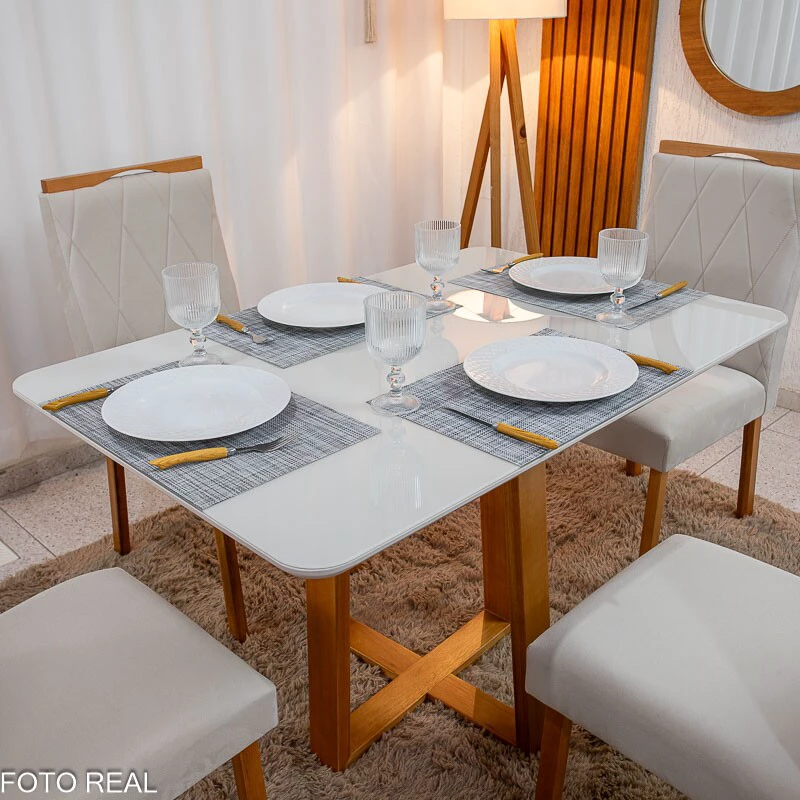 Mesa de Jantar Pedro 120x80 Vidro Off/Base Madeira + 4 Cad. Lisboa Veludo Bege 512 Madeira Art Assento - Entregue Montada - Imagem 9