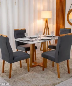 Mesa de Jantar Pedro 120×80 Vidro Off/Base Madeira + 4 Cad. Gênova Veludo Cinza 507 Madeira Art Assento - Entregue Montada
