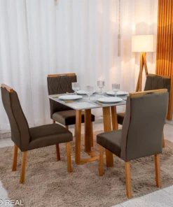 Mesa de Jantar Pedro 90x90 Vidro Off/Base Madeira + 4 Cad. Lisboa Veludo Marrom 509 Madeira Art Assento - Entregue Montada