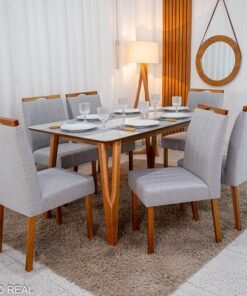 Mesa de Jantar Siena 160x90 Vidro Off/Base Madeira - Art Assento + 6 Cad. Isabela Linho Cinza 05 Madeira Maciça KM Decor - Entregue Montada