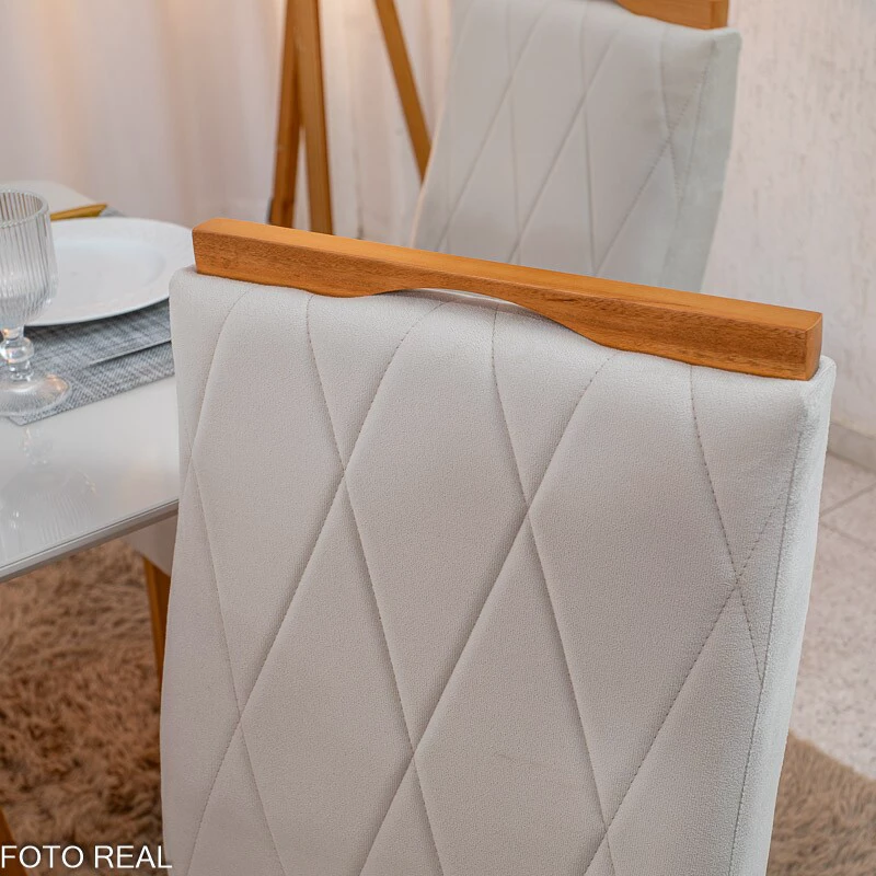 Mesa de Jantar Pedro 120x80 Vidro Off/Base Madeira + 4 Cad. Lisboa Veludo Bege 512 Madeira Art Assento - Entregue Montada - Imagem 4