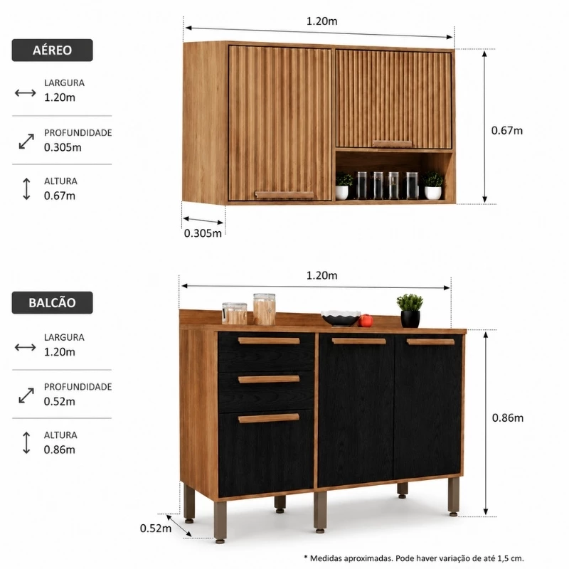 Balcão Flórida Larg. 1.20m Cinamomo/Preto 3 Portas 2 Gavetas + Armário Aéreo Florida Larg. 1.20m Cinamomo 2 Portas Ripado - Sallêto | 1 Porta Bascula - Imagem 4
