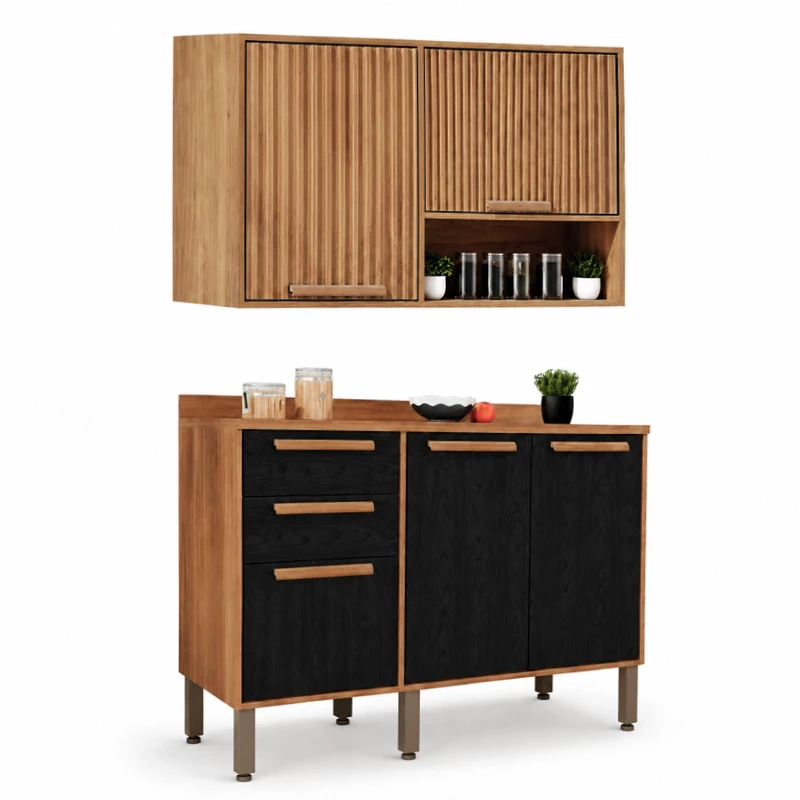 Balcão Flórida Larg. 1.20m Cinamomo/Preto 3 Portas 2 Gavetas + Armário Aéreo Florida Larg. 1.20m Cinamomo 2 Portas Ripado - Sallêto | 1 Porta Bascula - Imagem 3