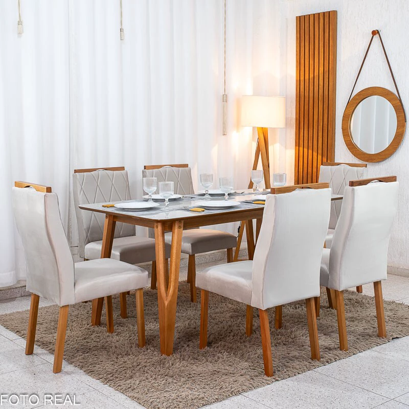 Mesa de Jantar Siena 160x90 Vidro Off/Base Madeira + 6 Cad. Lisboa Veludo Bege 512 Madeira Art Assento - Entregue Montada - Imagem 3