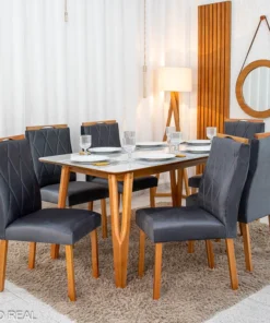 Mesa de Jantar Siena 160x90 Vidro Off/Base Madeira + 6 Cad. Lisboa Veludo Cinza 507 Madeira Art Assento - Entregue Montada