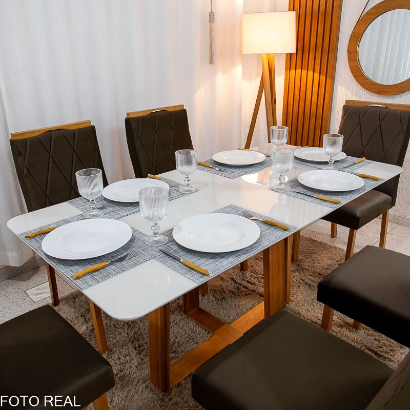 Mesa de Jantar Pedro 160×80 Vidro Off/Base Madeira + 6 Cad. Lisboa Veludo Marrom 509 Madeira Art Assento - Entregue Montada - Imagem 10
