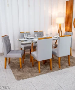 Mesa de Jantar Bali 160×80 Vidro Off/Base Madeira + 6 Cad. Londres Veludo Prata Madeira Minas Plac - Entregue Montada