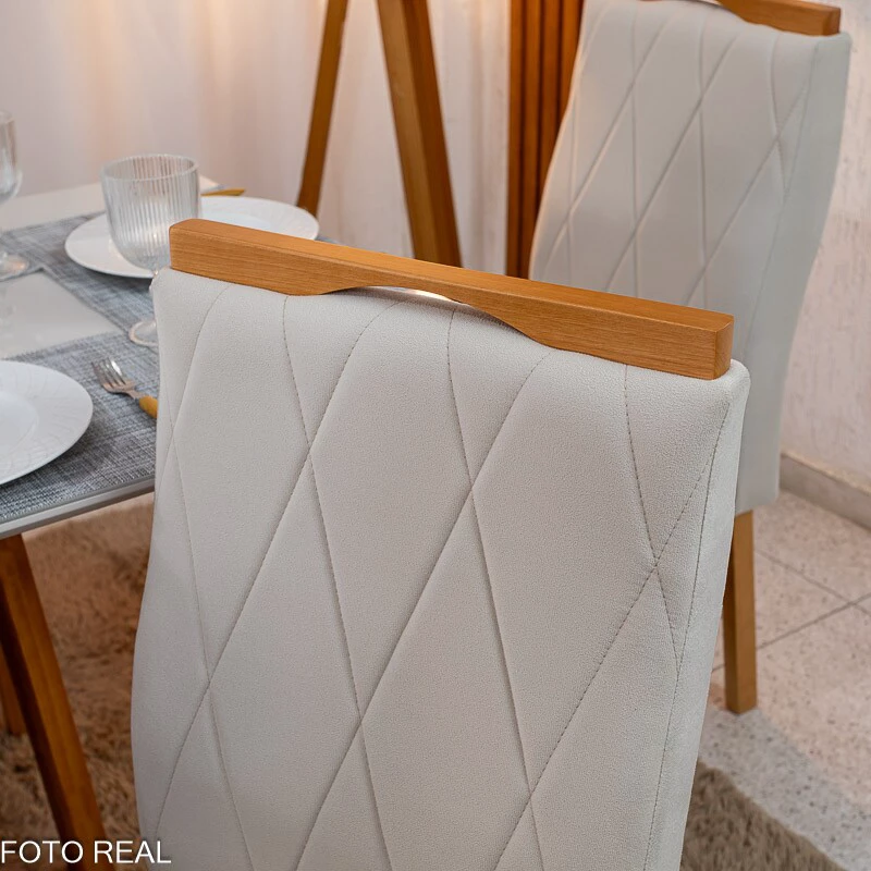 Mesa de Jantar Pedro 160×80 Vidro Off/Base Madeira + 6 Cad. Lisboa Veludo Bege 512 Madeira Art Assento - Entregue Montada - Imagem 9