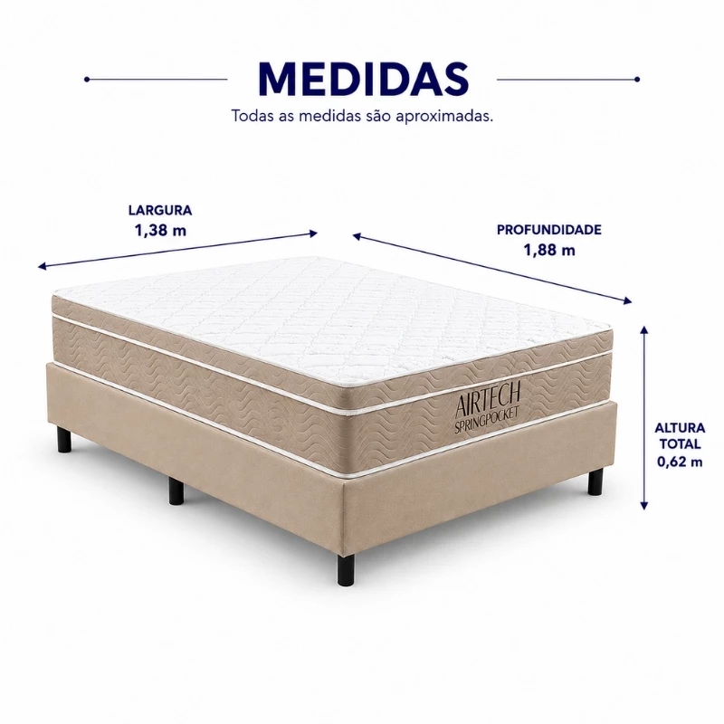 Colchão Casal Airtech Springpocket Molas Ensacadas - Ortobom + Box Casal Sued Bege - Ortobel 138x188x62 | Suporta até 240kg - Imagem 8