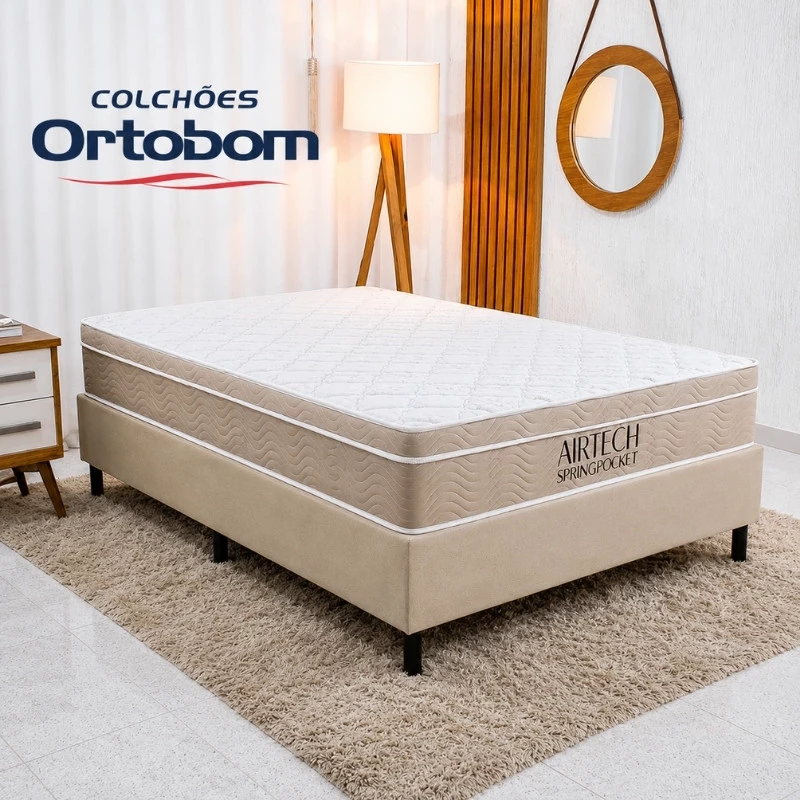Colchão Casal Airtech Springpocket Molas Ensacadas - Ortobom + Box Casal Sued Bege - Ortobel 138x188x62 | Suporta até 240kg