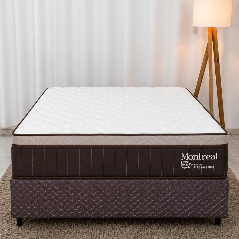 Colchão Casal Montreal 138x188x32 Molas Ensacadas - Viero + Base Box Casal Universal Marrom Bordado - Gazin 138x188x79 | Suporta até 260kg