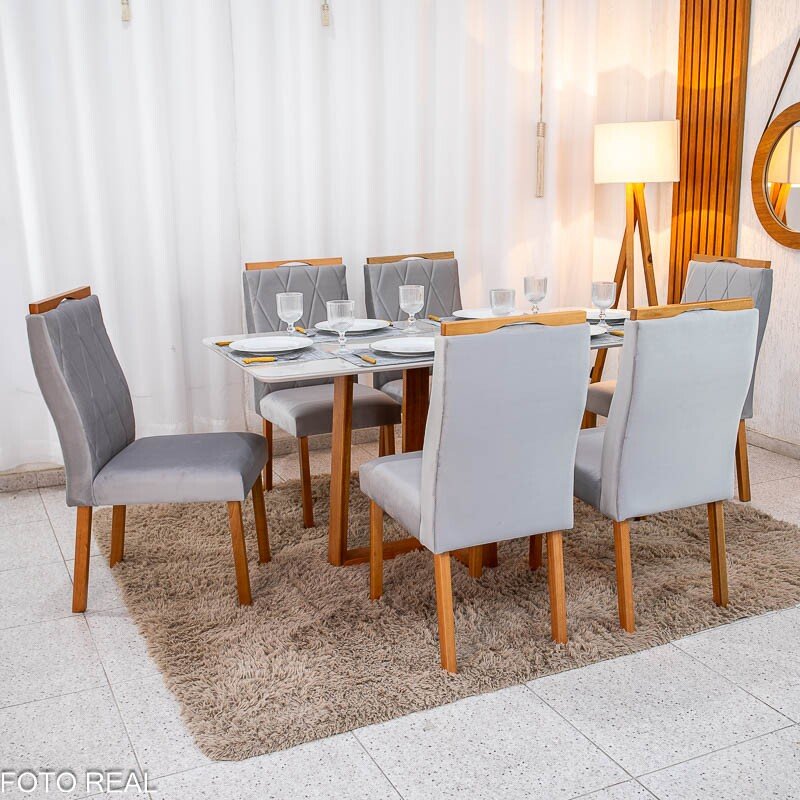 Mesa de Jantar Pedro 160×80 Vidro Off/Base Madeira + 6 Cad. Lisboa Veludo Prata 514 Madeira Art Assento - Entregue Montada - Imagem 7