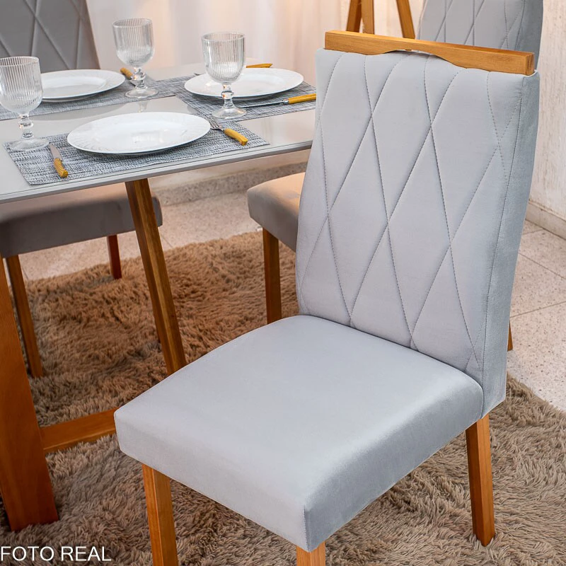 Mesa de Jantar Pedro 160×80 Vidro Off/Base Madeira + 6 Cad. Lisboa Veludo Prata 514 Madeira Art Assento - Entregue Montada - Imagem 5