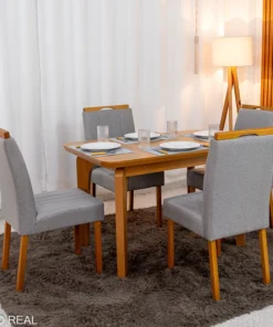Mesa de Jantar Londrina 120x80 Cinamomo Rufato + 4 Cad. Isabela Linho Cinza 05 Madeira - KM Decor