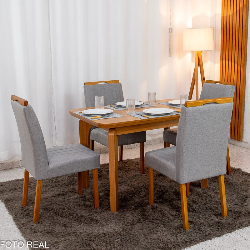 Mesa de Jantar Londrina 120x80 Cinamomo Rufato + 4 Cad. Isabela Linho Cinza 05 Madeira - KM Decor