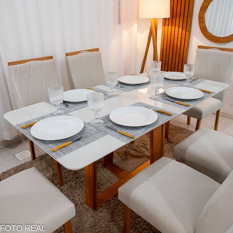Mesa de Jantar Pedro 160×80 Vidro Off/Base Madeira + 6 Cad. Lisboa Veludo Bege 512 Madeira Art Assento - Entregue Montada - Imagem 4