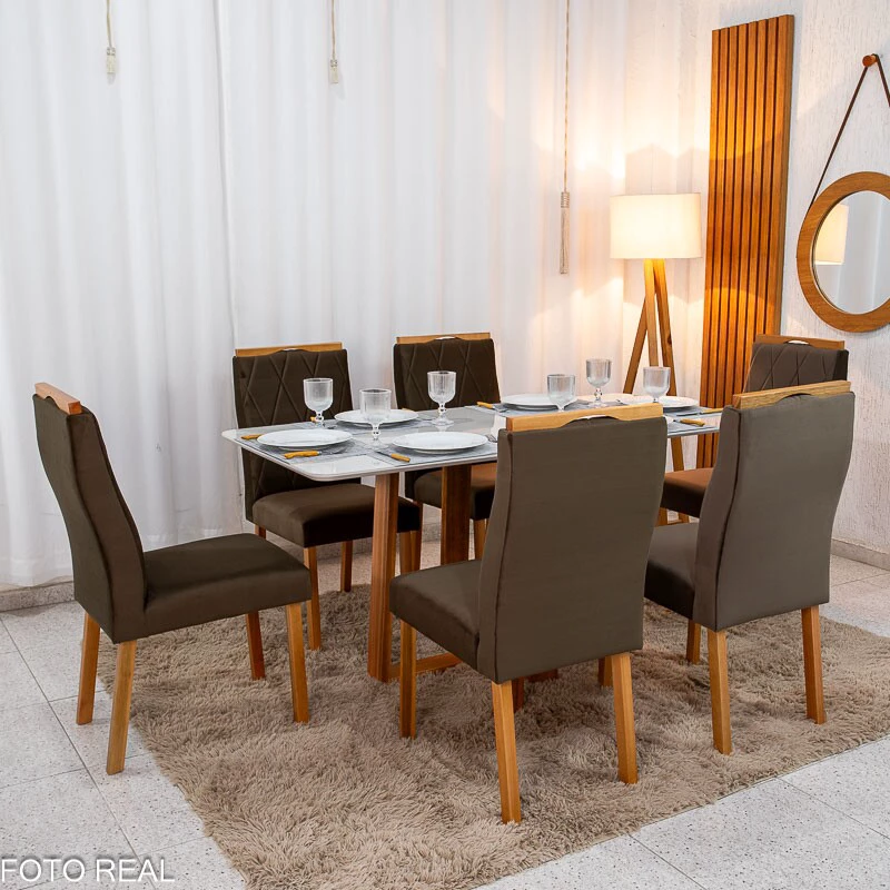 Mesa de Jantar Pedro 160×80 Vidro Off/Base Madeira + 6 Cad. Lisboa Veludo Marrom 509 Madeira Art Assento - Entregue Montada - Imagem 9