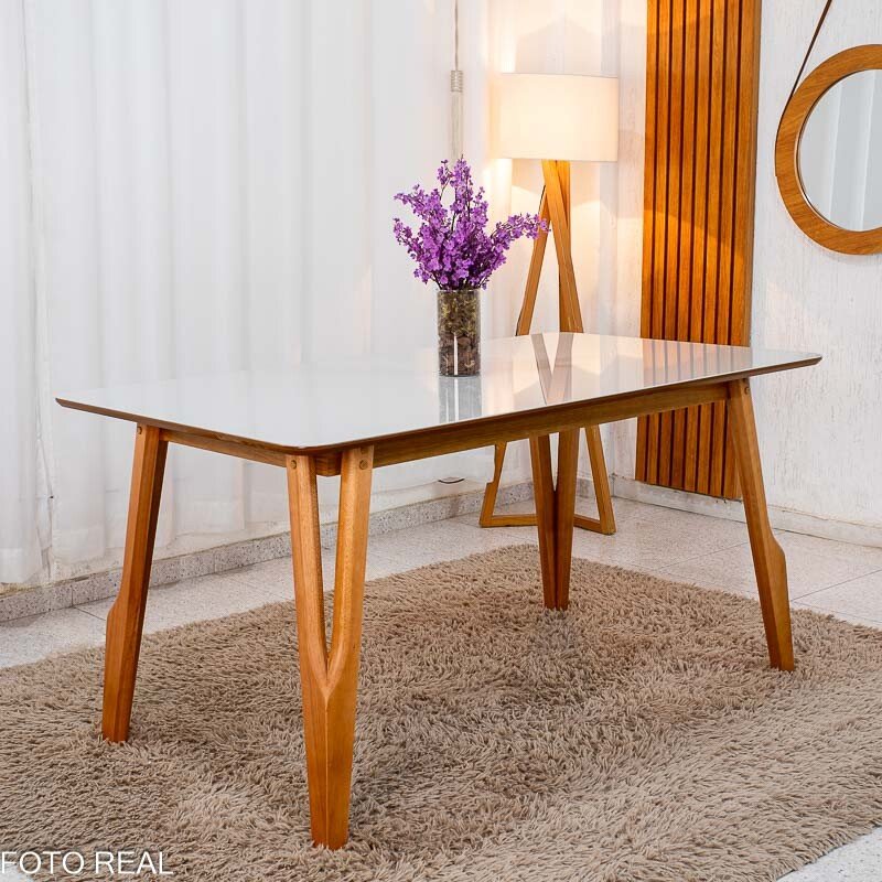 Mesa de Jantar Siena 160x90 Vidro Off/Base Madeira + 6 Cad. Lisboa Veludo Bege 512 Madeira Art Assento - Entregue Montada - Imagem 6