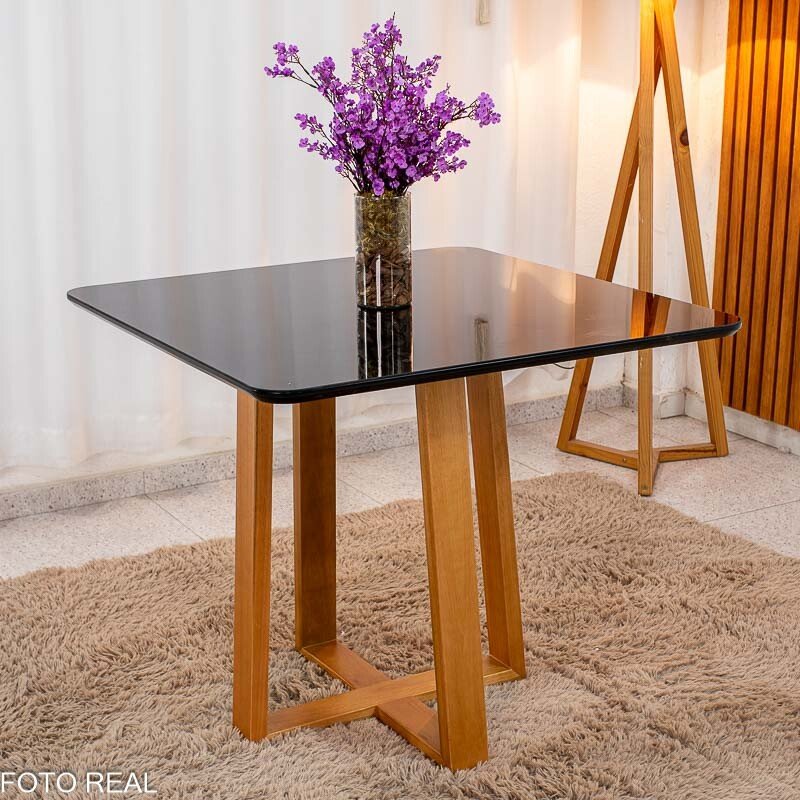 Mesa de Jantar Pedro 90x90 Vidro Preto/Base Madeira + 4 Cad. Lisboa Veludo Preto 504 Madeira Art Assento - Entregue Montada - Imagem 3