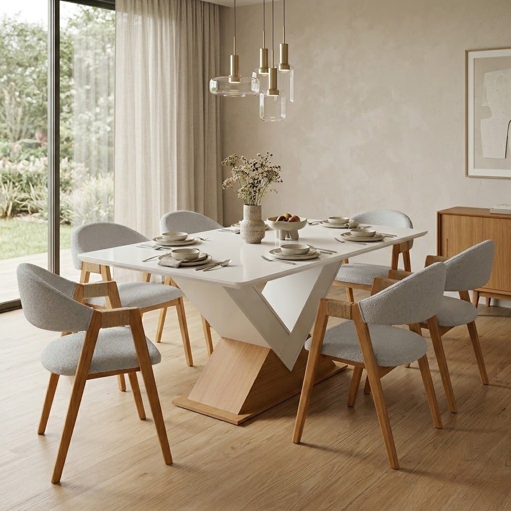 Mesa Amora BA35 160 Canela/Off White + 6 Cadeiras Ravenna Linho Cinza – KAPPESBERG + GARDIM MÓVEIS