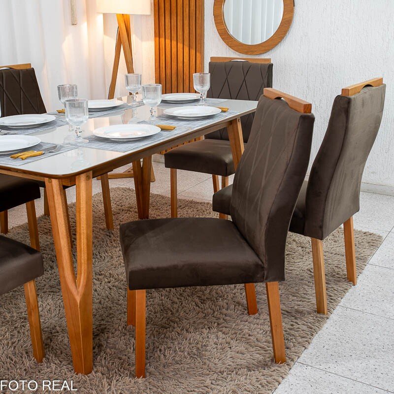 Mesa de Jantar Siena 160x90 Vidro Off/Base Madeira + 6 Cad. Lisboa Veludo Marrom 509 Madeira Art Assento - Entregue Montada - Imagem 7