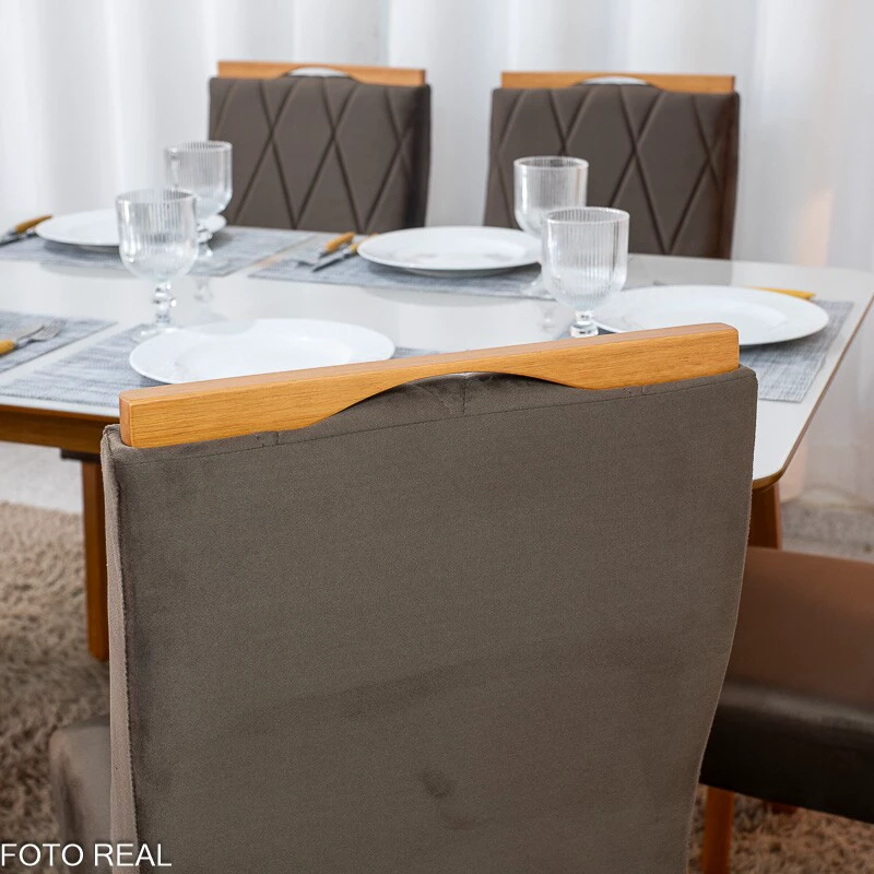 Mesa de Jantar Siena 160x90 Vidro Off/Base Madeira + 6 Cad. Lisboa Veludo Marrom 509 Madeira Art Assento - Entregue Montada - Imagem 6