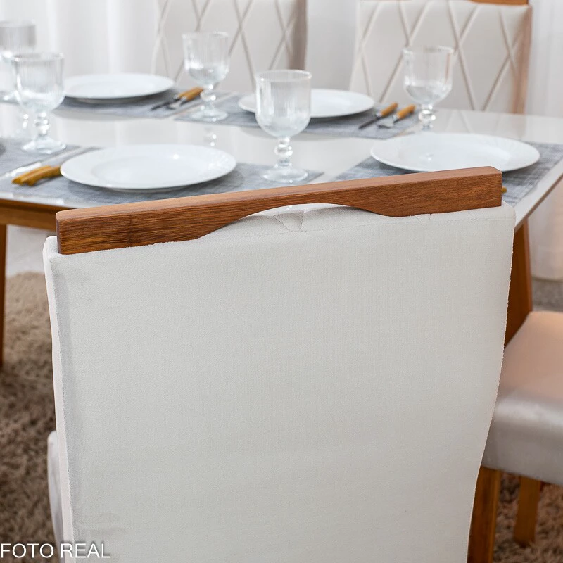 Mesa de Jantar Siena 160x90 Vidro Off/Base Madeira + 6 Cad. Lisboa Veludo Bege 512 Madeira Art Assento - Entregue Montada - Imagem 7