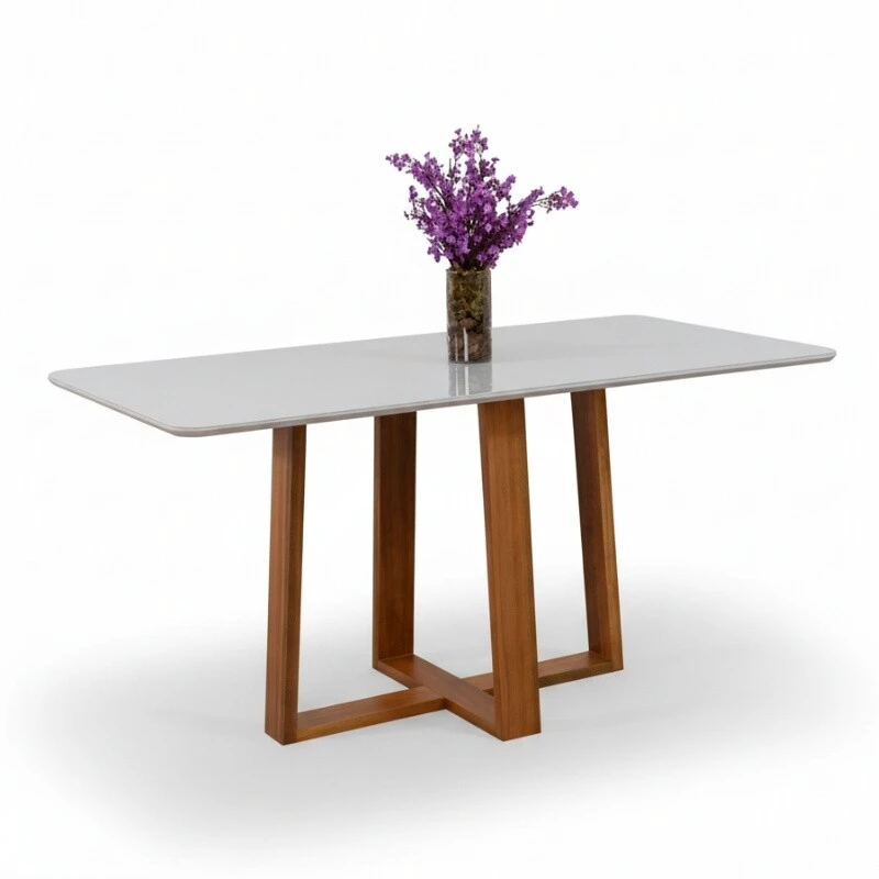 Mesa de Jantar Pedro 160×80 Vidro Off/Base Madeira + 6 Cad. Lisboa Veludo Prata 514 Madeira Art Assento - Entregue Montada - Imagem 2
