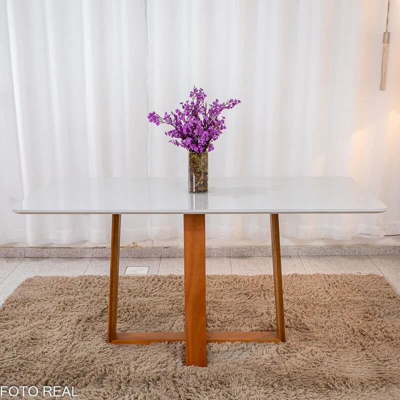 Mesa de Jantar Pedro 160×80 Vidro Off/Base Madeira + 6 Cad. Lisboa Veludo Prata 514 Madeira Art Assento - Entregue Montada - Imagem 3
