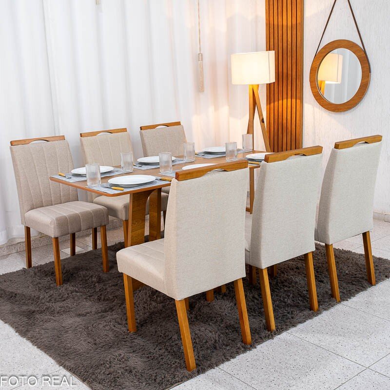 Mesa de Jantar Dubai Tampo Londres Cinamomo 160x80 Cel Móveis + 6 Cad. Isabela Linho Bege 01 Madeira KM Decor - Entregue Montada - Imagem 5