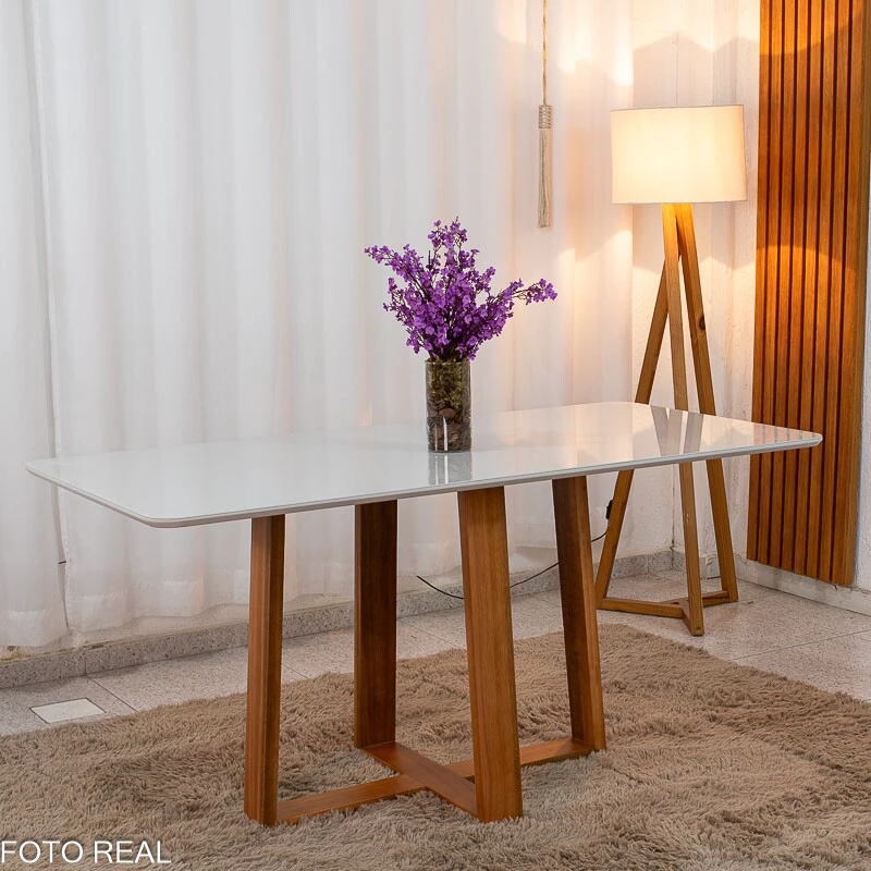 Mesa de Jantar Pedro 160×80 Vidro Off/Base Madeira + 6 Cad. Lisboa Veludo Marrom 509 Madeira Art Assento - Entregue Montada - Imagem 4