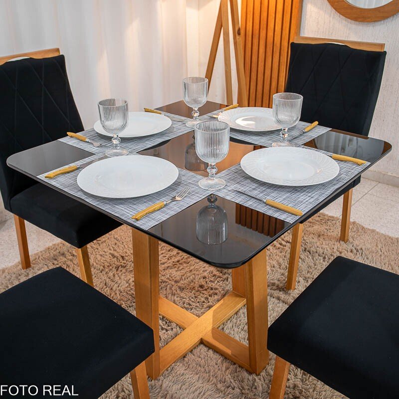 Mesa de Jantar Pedro 90x90 Vidro Preto/Base Madeira + 4 Cad. Lisboa Veludo Preto 504 Madeira Art Assento - Entregue Montada - Imagem 8