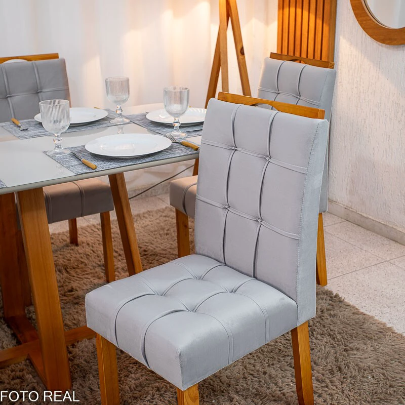 Mesa de Jantar Bali 160×80 Vidro Off/Base Madeira + 6 Cad. Londres Veludo Prata Madeira Minas Plac - Entregue Montada - Imagem 6