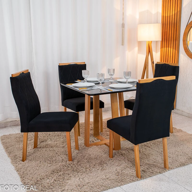 Mesa de Jantar Pedro 90x90 Vidro Preto/Base Madeira + 4 Cad. Lisboa Veludo Preto 504 Madeira Art Assento - Entregue Montada - Imagem 9