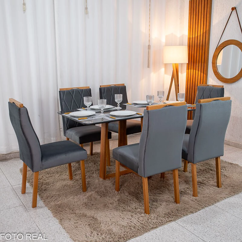 Mesa de Jantar Pedro 160×80 Vidro Grafite/Base Madeira + 6 Cad. Lisboa Veludo Cinza 507 Madeira Art Assento - Entregue Montada - Imagem 5