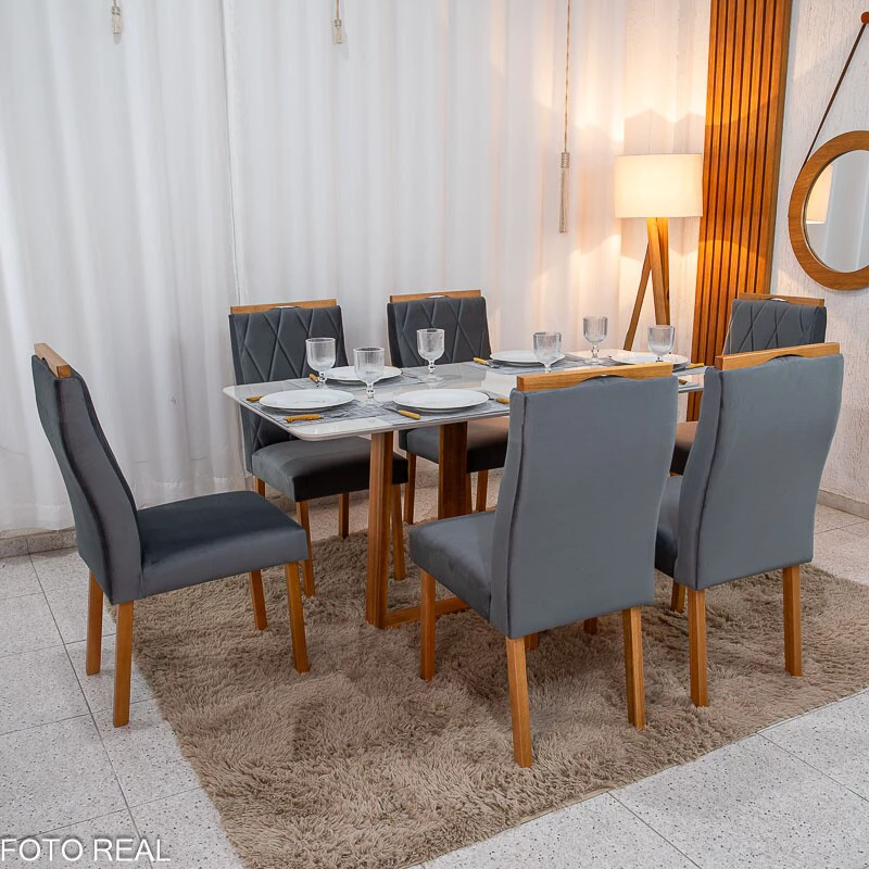 Mesa de Jantar Pedro 160x80 Vidro Off/Base Madeira + 6 Cad. Lisboa Veludo Cinza 507 Madeira Art Assento - Entregue Montada - Imagem 6