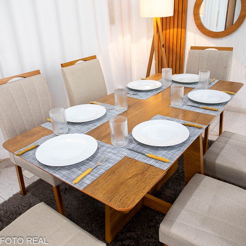 Mesa de Jantar Dubai Tampo Londres Cinamomo 160x80 Cel Móveis + 6 Cad. Isabela Linho Bege 01 Madeira KM Decor - Entregue Montada - Imagem 7