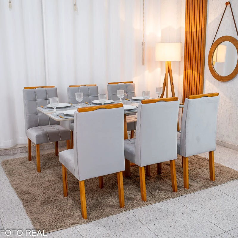 Mesa de Jantar Bali 160×80 Vidro Off/Base Madeira + 6 Cad. Londres Veludo Prata Madeira Minas Plac - Entregue Montada - Imagem 8